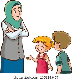 Illustration of a Muslim Girl Talking to Her Kids on White Background