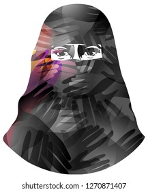 Ilustração de uma menina muçulmana vestindo hijab com muitas mãos cobrindo-a