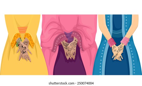 Illustration of Muslim Girls Showing the Henna Tattoo on Their Hands