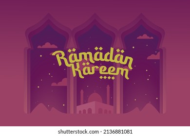 Illustration Muslim greeting Ramadan kareem celebration for card and banner design background with mosque among the stars isolated at the background