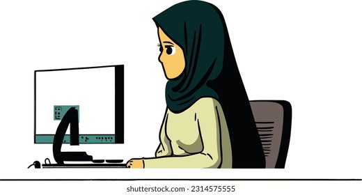 illustration of a Muslim hacker in front of a computer
