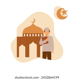 Illustration of muslim holding holy koran in front of mosque. Ramadan design vector illustration.