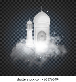 Illustration for the Muslim holiday of Ramadan. Mosque and transparent cloud on a plaid background