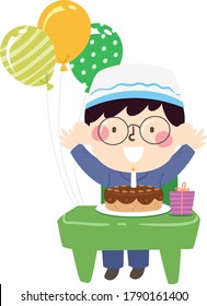 Illustration of a Muslim Kid Boy Celebrating His Birthday in Class with Balloons, Cake and Gift