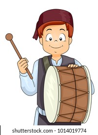 Illustration of a Muslim Kid Boy with a Drum and Stick Playing for Ramadan