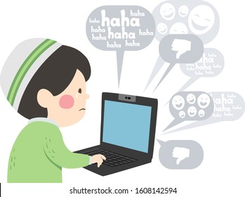 Illustration of a Muslim Kid Boy Wearing Taqiyah Cap Sadly Looking at Negative Comments in His Laptop. Cyber Bullying