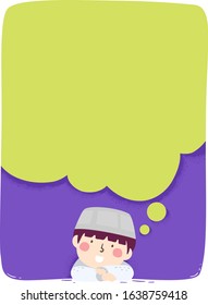 Illustration of a Muslim Kid Boy Wearing Taqiyah Cap with a Big Blank Thinking Cloud Board with Space for Text