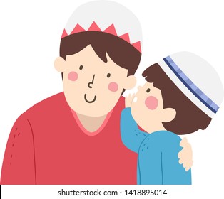 Illustration of a Muslim Kid Boy Whispering Something to His Father Wearing a Taqiyah Cap