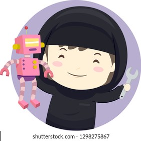 Illustration of a Muslim Kid Girl Holding a Toy Robot and a Wrench Learning Robotics