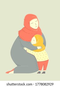 Illustration of a Muslim Kid Girl Hugging Her Mother Wearing Hijab