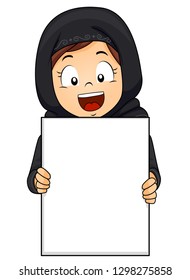 Illustration of a Muslim Kid Girl Wearing Hijab and Holding a Blank Paper Board