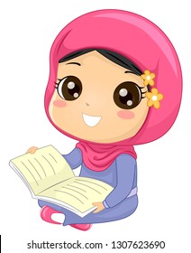 Illustration of a Muslim Kid Girl Wearing Hijab, Sitting Down and Holding an Open Book