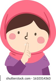 Illustration of a Muslim Kid Girl Wearing Hijab and Putting Finger on Mouth Gesturing Silence, Quiet or Secret