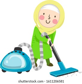 Illustration of a Muslim Kid Girl Wearing Hijab and Vacuuming Floor as Part of Her Household Chores