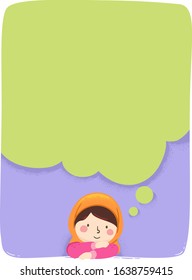 Illustration of a Muslim Kid Girl Wearing Hijab with a Big Blank Thinking Cloud Board with Space for Text