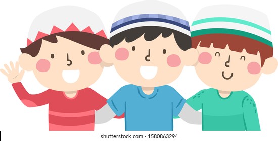 Illustration of Muslim Kids Boys in a Group and Friendly Hug