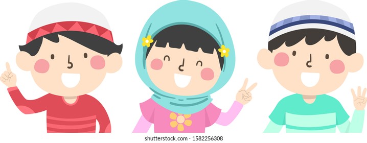 Illustration Of Muslim Kids Counting 123 Showing Fingers From One, Two And Three