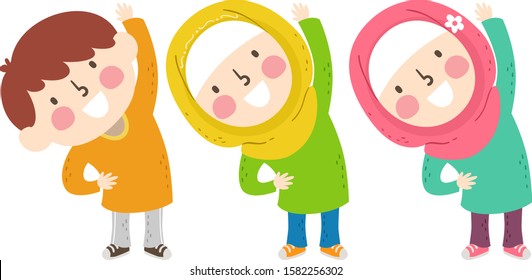 Illustration of Muslim Kids Exercising, with Left Hand Up and Bending Sideways to Stretch