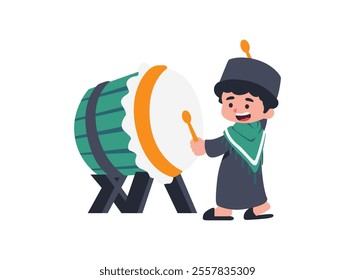 Illustration of an Muslim Kids Hitting the Drum