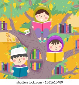 Illustration of Muslim Kids Reading Books On Tree Branches Full of Books