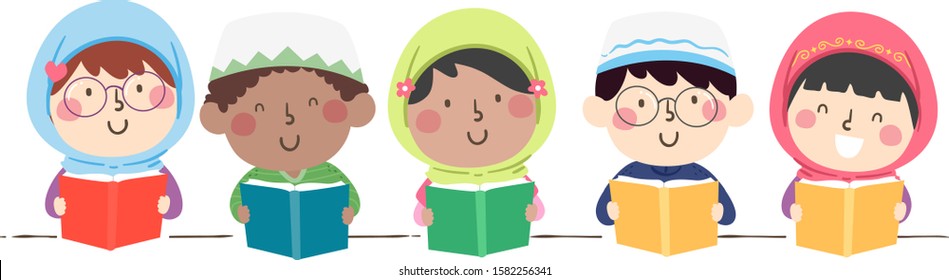 Illustration Of Muslim Kids Wearing Hijab And Taqiyah Reading A Book In A Row As Border