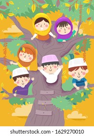 Illustration of Muslim Kids Wearing Hijab and Taqiyah Waving from a Big Tree