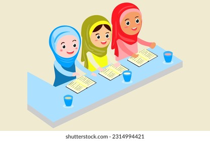 Illustration of Muslim Kids Wearing Hijab and Taqiyah Reading a Book.