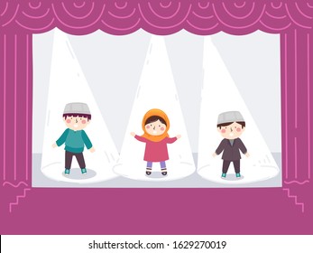 Illustration of Muslim Kids Wearing Taqiyah and Hijab Performing On Stage under Spotlight