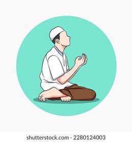 illustration of a Muslim male character in a white koko shirt praying while raising his hand on a prayer rug