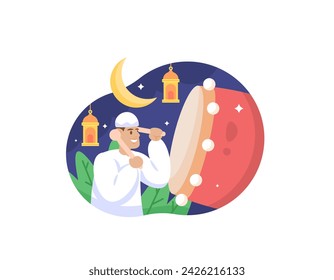 Illustration of a Muslim man beating a bedug. night background with crescent moon and lanterns. Concept Design Illustration for Ramadan, Eid al-Fitr, Eid al-Adha, Islamic themes. graphic elements. ui
