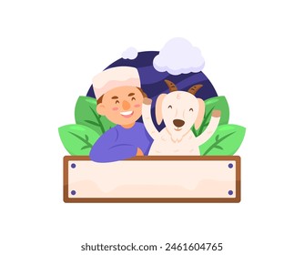 illustration of a Muslim man with a goat. Eid al-Adha celebration. boy and a goat with a blank board. people characters with animals. illustration concept design. graphic elements