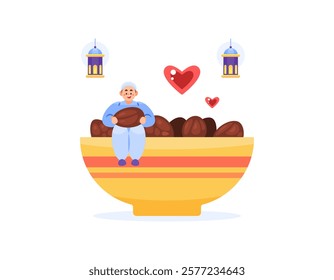 illustration of a muslim man holding dates sitting in a bowl filled with dates. like to eat or consume dates. food. ramadan, eid al-fitr, eid al-adha. flat style design. elements