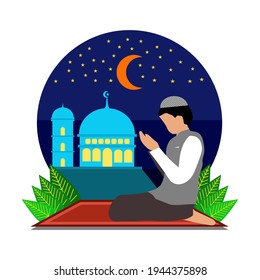 illustration of a Muslim man praying on the night of Ramadan with a mosque as a background