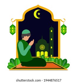 illustration of a Muslim man praying on the night of the month of Ramadan with the background of the lanterns, mosque, crescent moon, and stars 