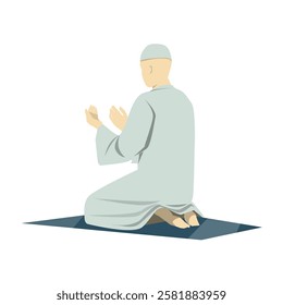 Illustration of a Muslim man praying on a prayer mat, wearing traditional Islamic attire and a taqiyah cap. He is in a sitting position with raised hands, symbolizing dua. Islamic art. Ramadan. Vector