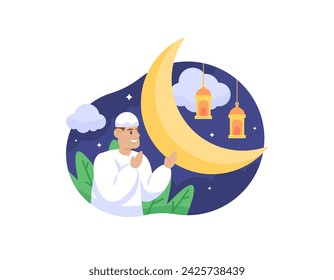 La ilustración de un hombre musulmán está rezando. Reza a Dios. Ambientación nocturna con luna creciente y linterna. Ilustración de diseño de conceptos de temas de Ramadán, Eid Al-Fitr, Eid Al-Adha, Islam.