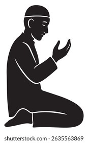 Ilustração de homem muçulmano rezando silhueta em preto e branco para projetos islâmicos e ramadan kareem