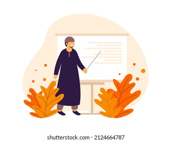 illustration of Muslim man,  Presentation vector, teacher, flat design, landing page, vector people, ramadan concept, eid mubarak
