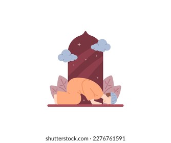 Illustration of a Muslim man prostrating. worship or pray. Muslims and religions. character illustration design. Design elements for Ramadan, Eid al-Fitr, Eid al-Adha themes. white background