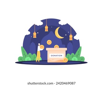 Illustration of a Muslim man putting coins into a charity box. Alms in Ramadhan. donation and almsgiving. Concept Design Illustration of Ramadan Theme, Eid Al-Fitr, Eid Al-Adha, Islam. graphic element