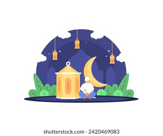 Illustration of a Muslim man reading the Quran. Read the Koran between the moon and the lantern. Concept Design Illustration of Ramadan Theme, Eid Al-Fitr, Eid Al-Adha, Islam. graphic elements. Vector