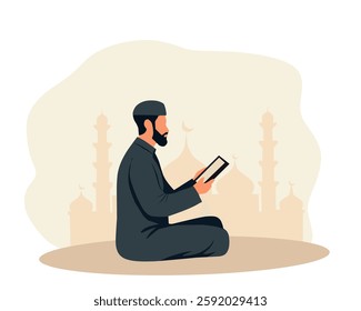 Illustration of a Muslim man reading the Quran in front of a mosque. Represents spirituality, Islamic faith, prayer, devotion, and religious practice, perfect for Ramadan, Islamic holidays, and religi