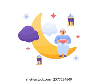 illustration of a muslim man reciting the Quran and sitting on a crescent moon decorated with lantern clouds. happy eid al-fitr, eid al-adha. ramadan kareem. islam. flat style design. elements