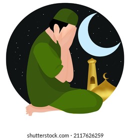 An illustration of a Muslim man rubbing his face and praying against a mosque and moon and stars in the background