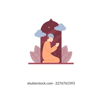 illustration of a Muslim man sitting and praying. ask Allah for forgiveness. worship. Muslims and religions. character illustration design. Design elements for Ramadan, Eid al-Fitr, Eid al-Adha themes