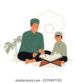 Illustration of A muslim man teach quran a muslim boy. Illustrations for websites, landing pages, mobile apps, posters and banners. Trendy flat vector illustrations