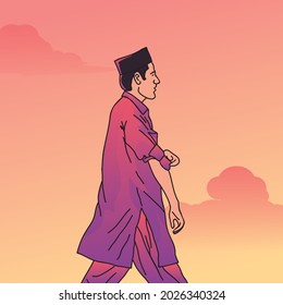 illustration of a Muslim man walking while rolling up his sleeves on a twilight background