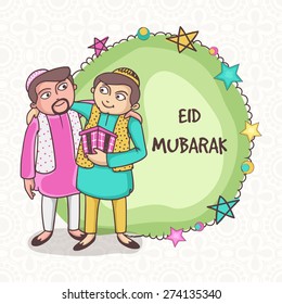 Illustration of muslim men celebrating and hugging to each other on occasion of Eid Mubarak celebration.