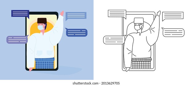 Illustration Muslim men are making friends through virtual conversations with distant family using mobile phone. vector illustration