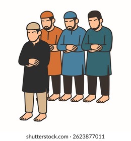 illustration of Muslim men performing congregational prayers. Islamic congregational prayer